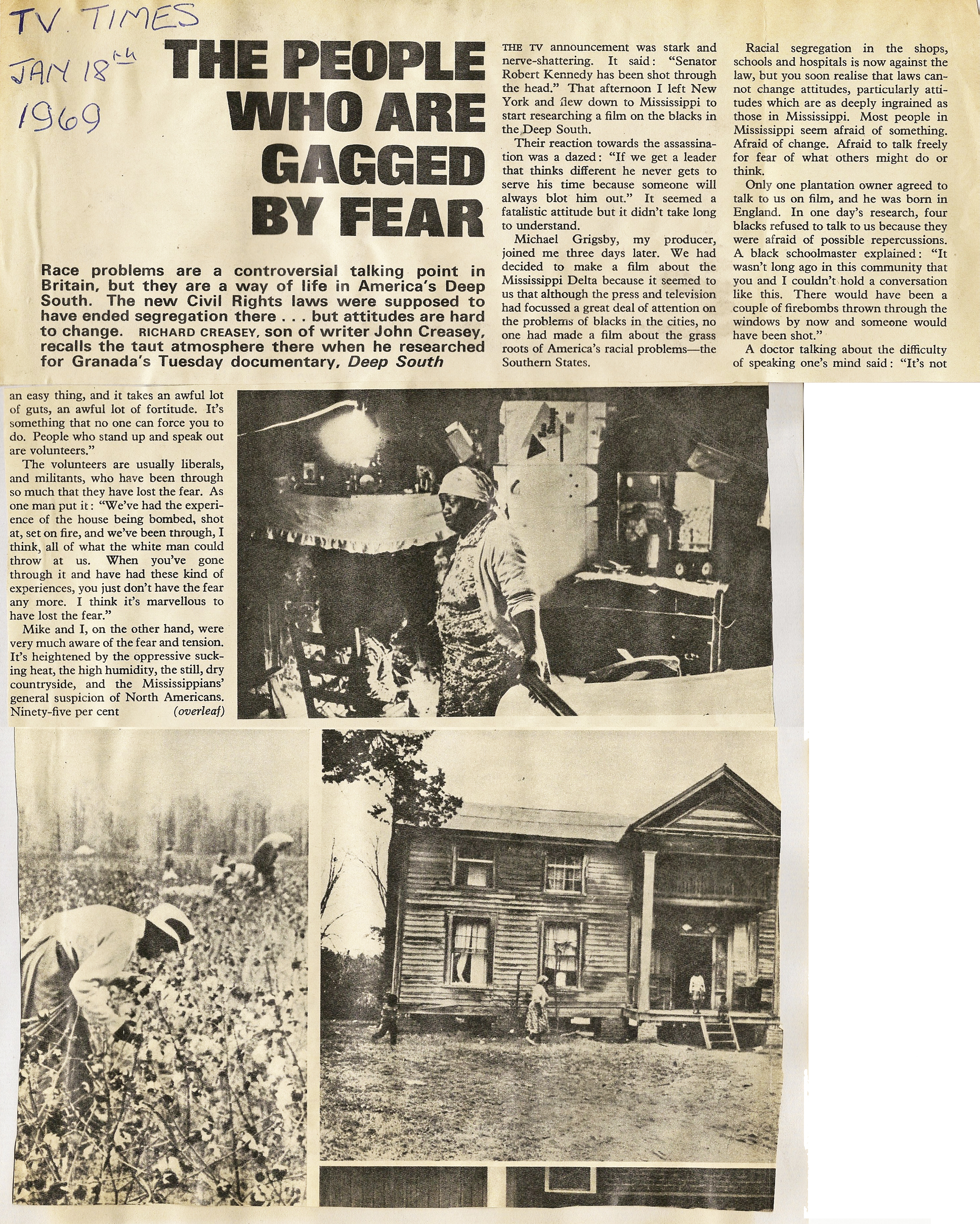 Article clipping about The Deep South documentary work in 1968